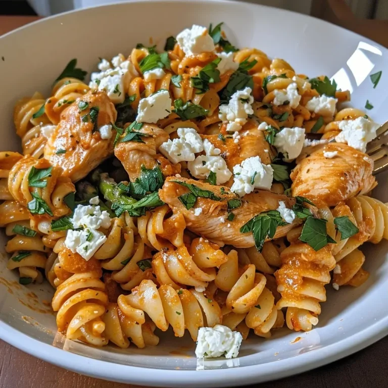 ['Close-up of creamy Greek chicken pasta with vibrant asparagus and a sprinkle of feta cheese.', 'Side view of a bowl of Greek chicken pasta with harissa cream sauce, garnished with fresh herbs.', 'Juicy pieces of chicken mixed with short pasta and colorful vegetables in a creamy sauce.', 'Delicious plate of zesty Greek chicken pasta featuring a rich feta and harissa cream.']
