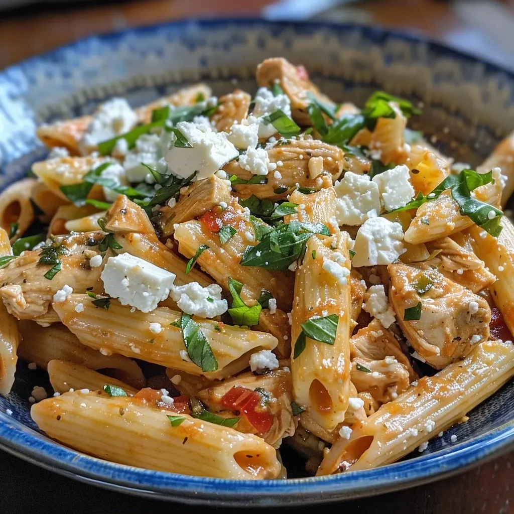 Close-up of creamy Greek chicken pasta with vibrant asparagus and a sprinkle of feta cheese.