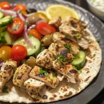 ['Close-up of juicy Greek chicken wraps with vibrant toppings.', 'Side view of Greek chicken wraps filled with fresh ingredients.', 'Detailed shot of pita wraps filled with chicken and vegetables.', 'Colorful preparation of Greek chicken wraps with yogurt sauce.']