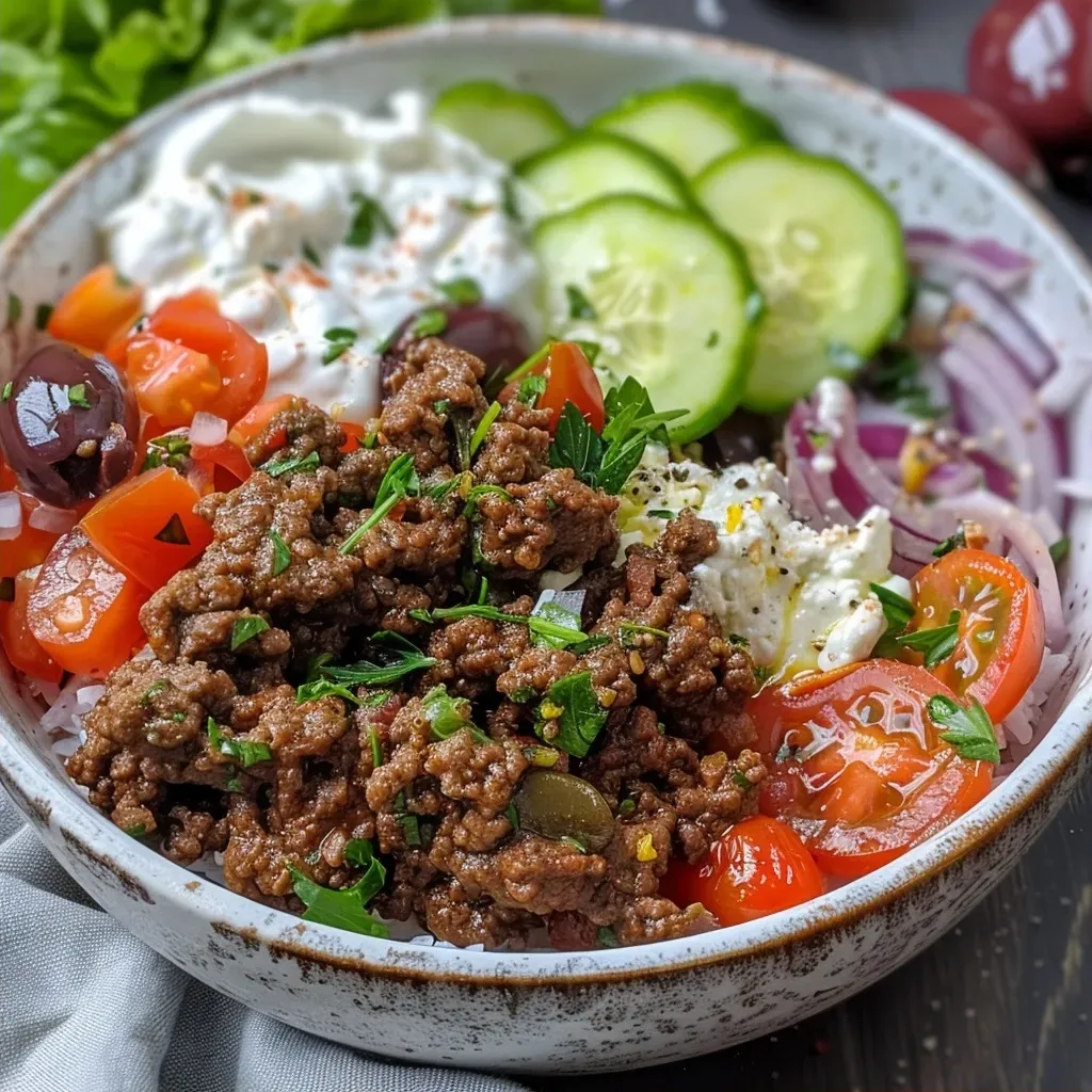 A close-up side view of a Greek ground beef bowl topped with tzatziki and fresh vegetables.