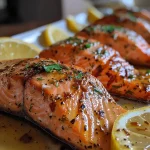 ['Close-up view of a beautifully cooked salmon fillet topped with herbs.', 'Juicy Greek salmon garnished with fresh dill and lemon slices on a plate.', 'Side view of a golden-brown salmon fillet, glistening with olive oil.', 'Grilled salmon fillet with a sprinkle of oregano and a lemon wedge.']