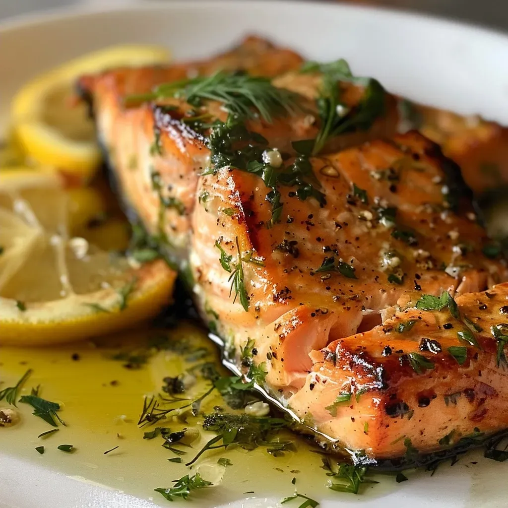 ['Close-up view of a beautifully cooked salmon fillet topped with herbs.', 'Juicy Greek salmon garnished with fresh dill and lemon slices on a plate.', 'Side view of a golden-brown salmon fillet, glistening with olive oil.', 'Grilled salmon fillet with a sprinkle of oregano and a lemon wedge.']