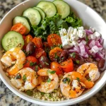 ['A vibrant Greek Shrimp Mediterranean Bowl with colorful ingredients arranged in a bowl.', 'Close-up view of a Greek Shrimp Mediterranean Bowl featuring shrimp, vegetables, and quinoa.', 'A fresh and healthy Greek Shrimp Mediterranean Bowl filled with shrimp, feta, and olives.', 'A detailed side view of Greek Shrimp Mediterranean Bowl showcasing shrimp, romaine lettuce, and tomatoes.']