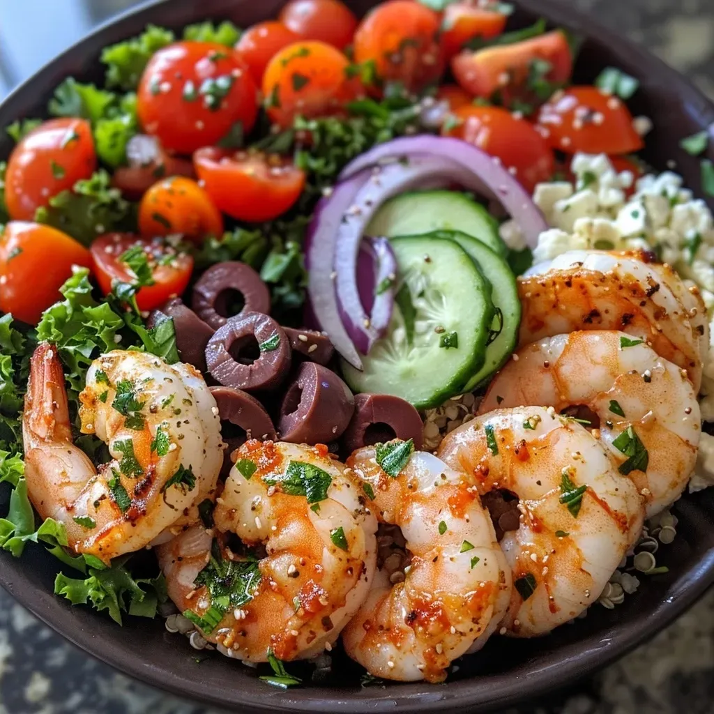 ['A vibrant Greek Shrimp Mediterranean Bowl with colorful ingredients arranged in a bowl.', 'Close-up view of a Greek Shrimp Mediterranean Bowl featuring shrimp, vegetables, and quinoa.', 'A fresh and healthy Greek Shrimp Mediterranean Bowl filled with shrimp, feta, and olives.', 'A detailed side view of Greek Shrimp Mediterranean Bowl showcasing shrimp, romaine lettuce, and tomatoes.']
