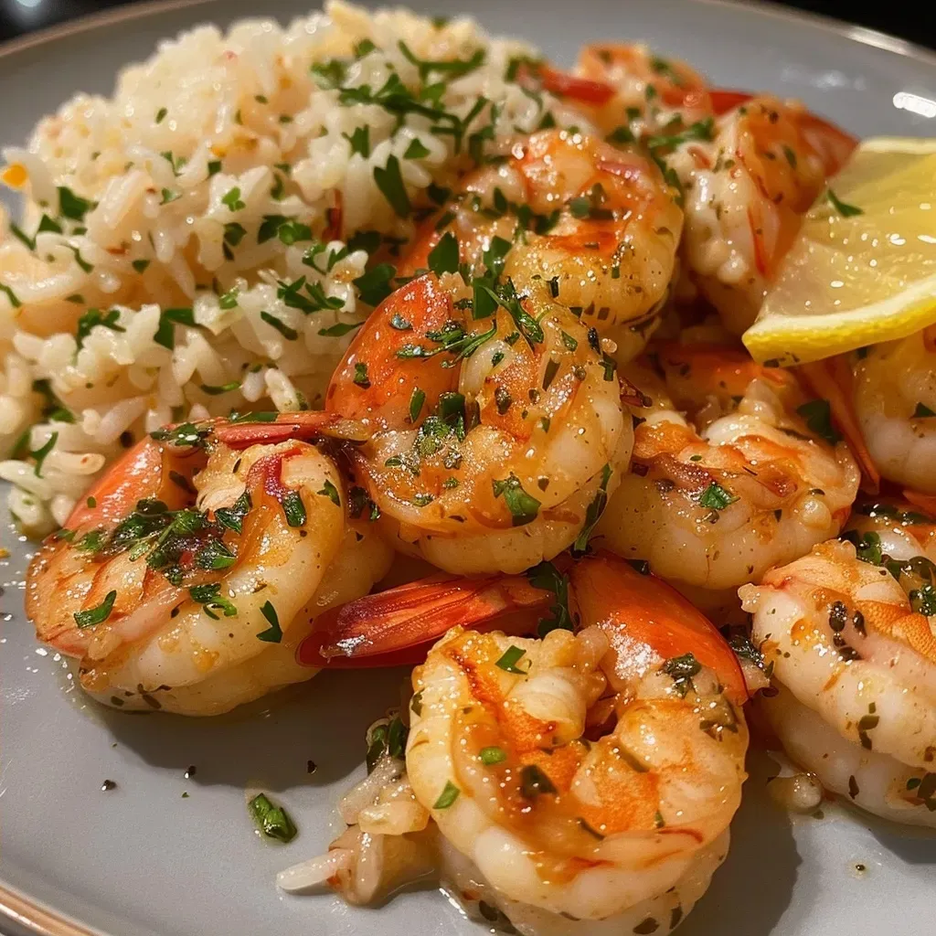 A close-up view of juicy shrimp served with lemon rice and a bowl of tzatziki.