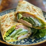 ['Close-up view of a Greek Turkey Wrap featuring fresh ingredients and vibrant colors.', 'Side view of a delicious Greek Turkey Wrap with visible layers of turkey, feta, and vegetables.', 'Juicy Greek Turkey Wrap displayed on a plate, highlighting fresh lettuce and tzatziki sauce.', 'Detailed shot of a Greek Turkey Wrap showing a mix of textures from the tortillas and fillings.']