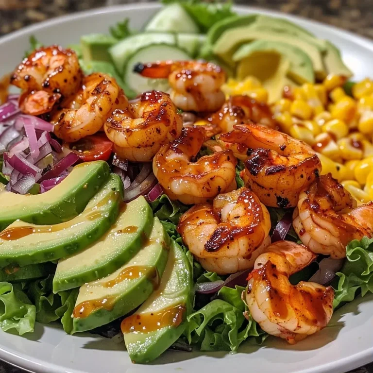 ['Close-up view of a vibrant Grilled BBQ Shrimp Salad featuring shrimp, greens, and vegetables.', 'Juicy grilled shrimp salad displayed with colorful ingredients like avocado and corn.', 'Side view of a delicious salad containing grilled shrimp, romaine lettuce, and fresh toppings.', 'Fresh Grilled BBQ Shrimp Salad with shrimp, diced vegetables, and a drizzle of BBQ dressing.']