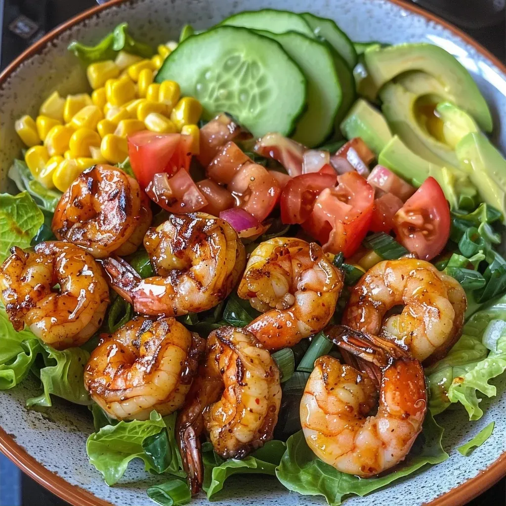 Close-up view of a vibrant Grilled BBQ Shrimp Salad featuring shrimp, greens, and vegetables.