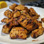 ['Close-up of juicy grilled turkey tips coated in BBQ sauce.', 'Side view of succulent turkey tenderloins seasoned with Italian dressing.', 'Grilled BBQ turkey tips glistening with sauce on a plate.', 'Tender and flavorful grilled turkey pieces drizzled with BBQ sauce.']
