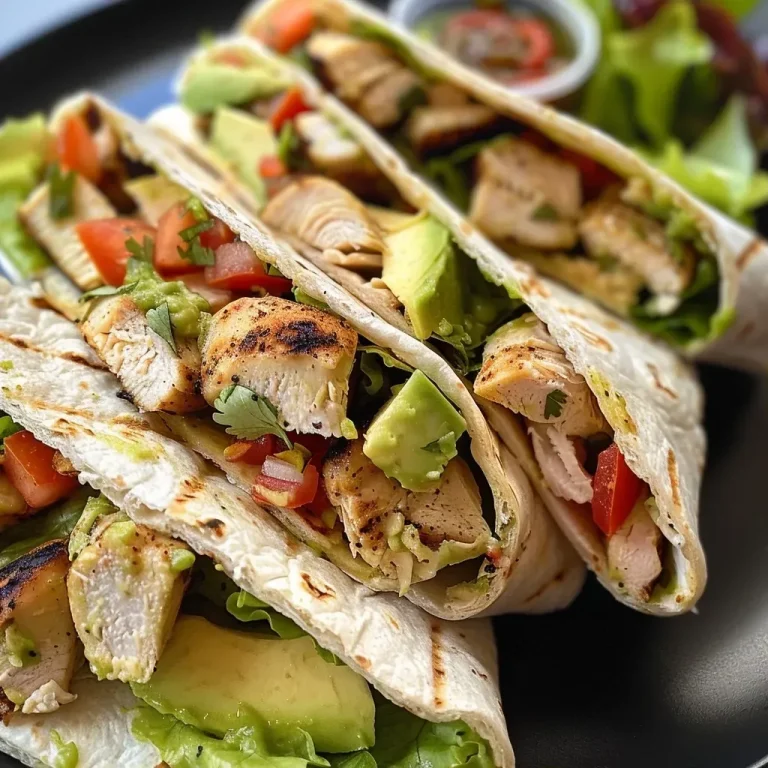 ['Close-up view of a grilled chicken and avocado wrap on a wooden surface.', 'Side angle of a juicy grilled chicken wrap filled with avocado and wrapped in a tortilla.', 'Detailed shot of a grilled chicken avocado wrap showcasing its vibrant filling.', 'Delicious grilled chicken avocado wrap displayed on a rustic table.']
