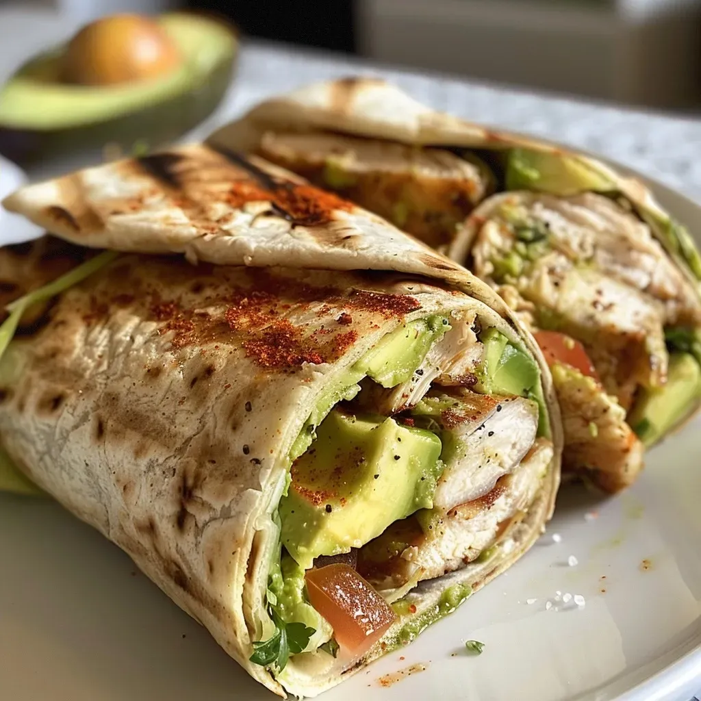 Close-up view of a grilled chicken and avocado wrap on a wooden surface.