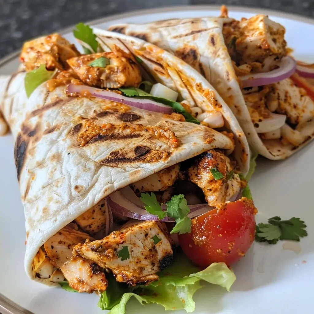 Close-up of a grilled chicken wrap filled with vegetables and chipotle mayo.