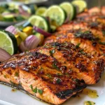 ['Juicy grilled salmon filet with summer squash, zucchini, and red onion in a foil packet.', 'Close-up view of salmon glazed with honey chipotle, surrounded by colorful vegetables.', 'Delicious honey chipotle salmon with vibrant summer squash and herbs in a foil pack.', 'Tasty grilled salmon and fresh summer vegetables ready to be served on a plate.']