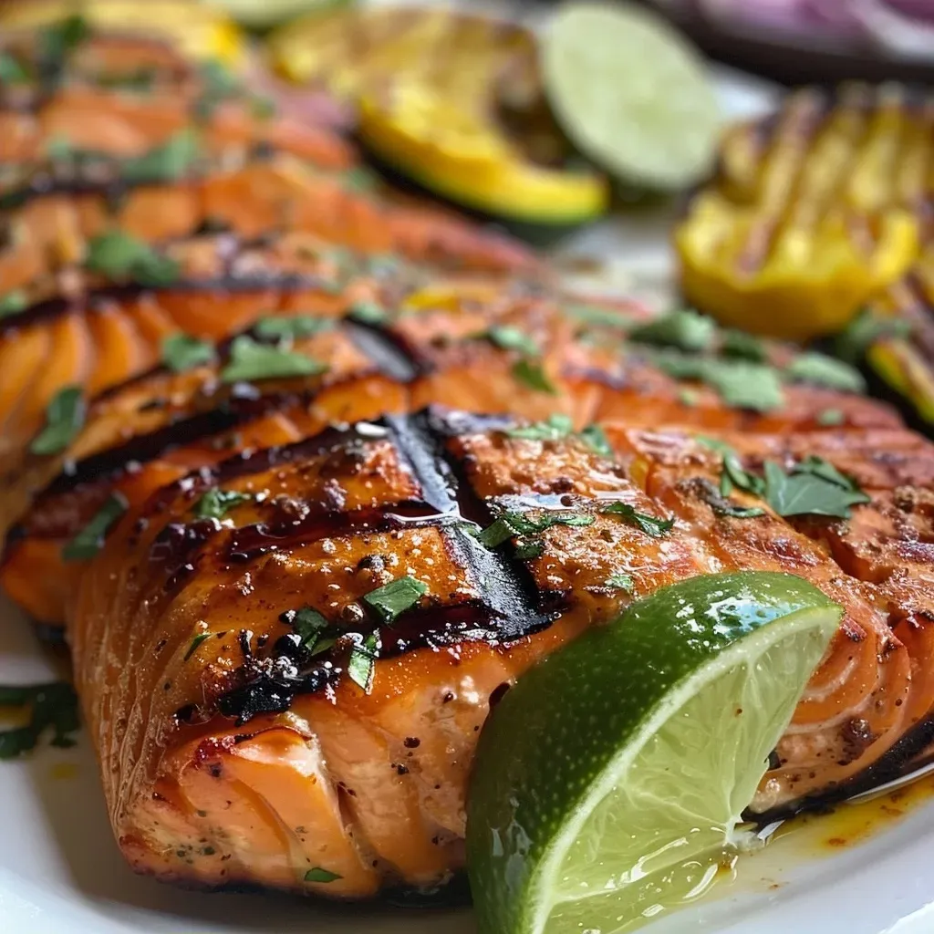 ['Juicy grilled salmon filet with summer squash, zucchini, and red onion in a foil packet.', 'Close-up view of salmon glazed with honey chipotle, surrounded by colorful vegetables.', 'Delicious honey chipotle salmon with vibrant summer squash and herbs in a foil pack.', 'Tasty grilled salmon and fresh summer vegetables ready to be served on a plate.']