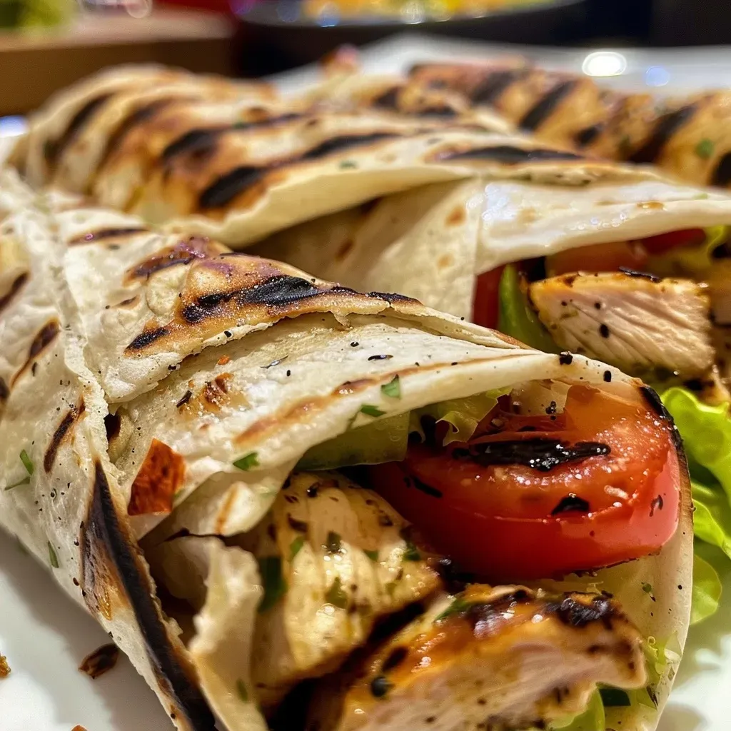Close-up view of a grilled chicken wrap filled with kajmak, fresh herbs, and lettuce.