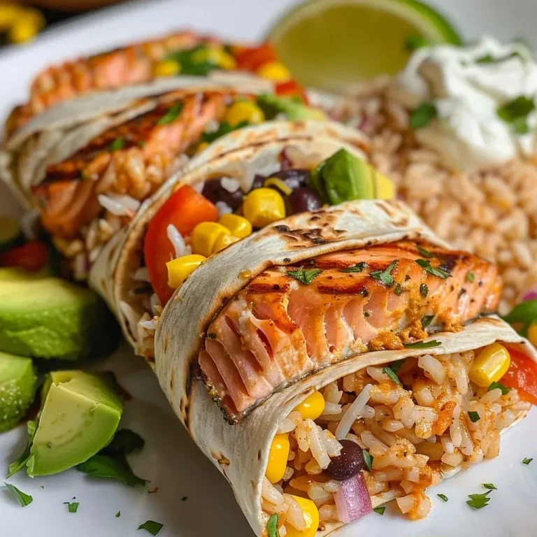 ['A close-up view of grilled salmon burritos with chipotle cream, showcasing vibrant colors and textures.', 'Juicy grilled salmon burritos filled with colorful ingredients and drizzled with chipotle cream.', 'Side view of delicious grilled salmon burritos wrapped in flour tortillas, topped with sliced avocados.', 'A mouthwatering arrangement of salmon burritos, highlighting the creamy chipotle sauce and fresh ingredients.']