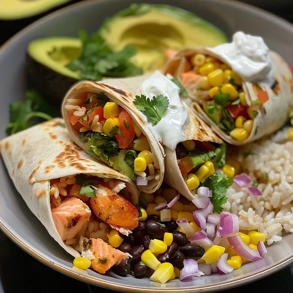 A close-up view of grilled salmon burritos with chipotle cream, showcasing vibrant colors and textures.