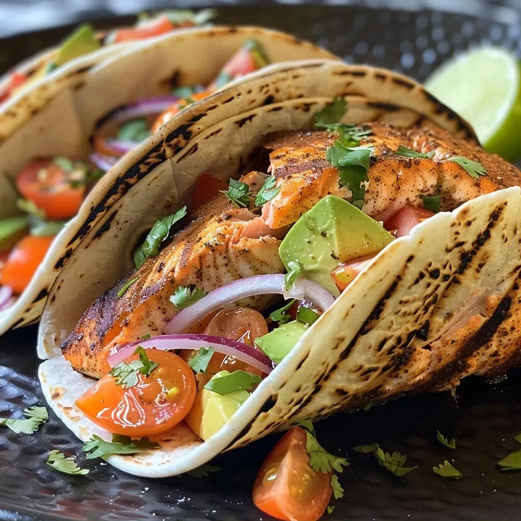 Juicy grilled salmon fillet garnished with fresh herbs and lemon slices.