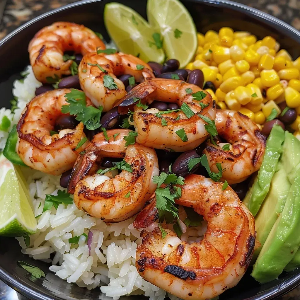 Close-up of a vibrant Grilled Shrimp Bowl featuring succulent shrimp and colorful toppings.