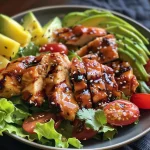 ['Close-up view of a colorful Grilled Teriyaki Chicken Salad with vibrant greens and grilled chicken.', 'Side angle of a fresh Grilled Teriyaki Chicken Salad featuring chicken, avocado, and cherry tomatoes.', 'Juicy grilled chicken atop a bed of romaine lettuce with slices of avocado and pineapple.', 'Detail shot of a bowl filled with Grilled Teriyaki Chicken Salad highlighting its fresh ingredients.']