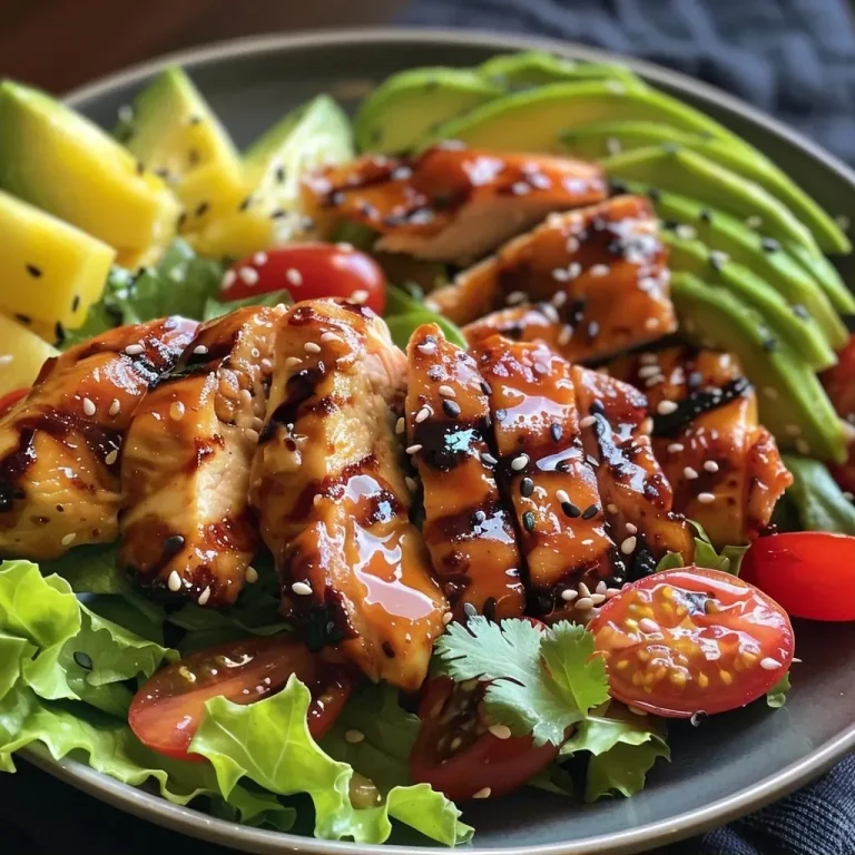 ['Close-up view of a colorful Grilled Teriyaki Chicken Salad with vibrant greens and grilled chicken.', 'Side angle of a fresh Grilled Teriyaki Chicken Salad featuring chicken, avocado, and cherry tomatoes.', 'Juicy grilled chicken atop a bed of romaine lettuce with slices of avocado and pineapple.', 'Detail shot of a bowl filled with Grilled Teriyaki Chicken Salad highlighting its fresh ingredients.']