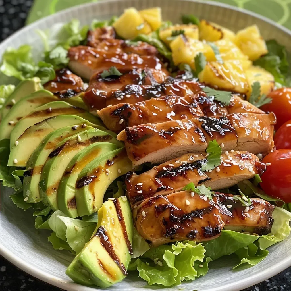 ['Close-up view of a colorful Grilled Teriyaki Chicken Salad with vibrant greens and grilled chicken.', 'Side angle of a fresh Grilled Teriyaki Chicken Salad featuring chicken, avocado, and cherry tomatoes.', 'Juicy grilled chicken atop a bed of romaine lettuce with slices of avocado and pineapple.', 'Detail shot of a bowl filled with Grilled Teriyaki Chicken Salad highlighting its fresh ingredients.']