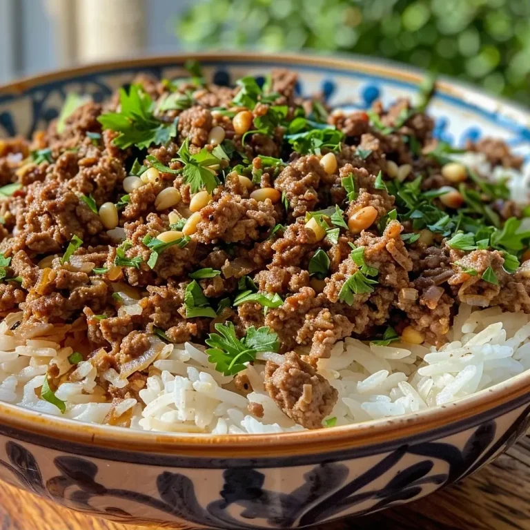 ['Close-up shot of ground beef and rice with a sprinkle of parsley and pine nuts.', 'Side view of a plate featuring a delicious ground beef and rice dish with chickpeas.', 'Juicy ground beef and basmati rice garnished with fresh herbs and nuts.', 'A vibrant bowl of ground beef and rice highlighting ingredients like onion and chickpeas.']