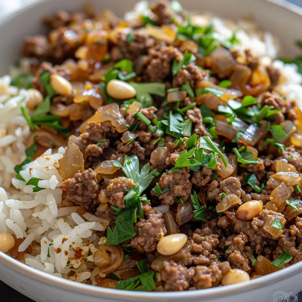 ['Close-up shot of ground beef and rice with a sprinkle of parsley and pine nuts.', 'Side view of a plate featuring a delicious ground beef and rice dish with chickpeas.', 'Juicy ground beef and basmati rice garnished with fresh herbs and nuts.', 'A vibrant bowl of ground beef and rice highlighting ingredients like onion and chickpeas.']