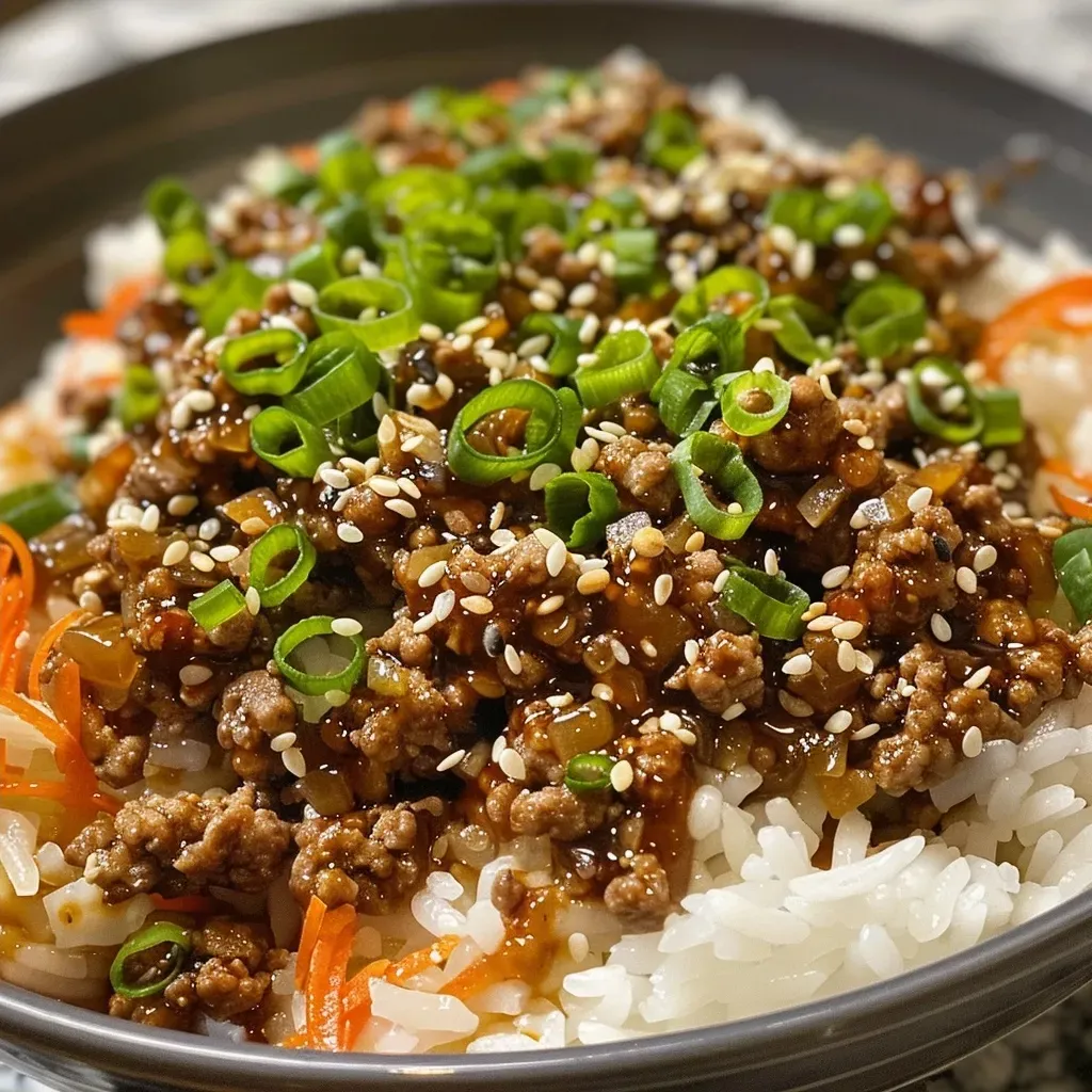 ['Close-up of a bowl filled with ground beef, rice, and garnishes.', 'Side view of a savory Ground Beef Hot Honey Bowl with green onions.', 'Juicy ground beef mixed with rice and hot honey in a vibrant bowl.', 'Delicious bowl featuring ground beef, rice, and sesame seeds.']