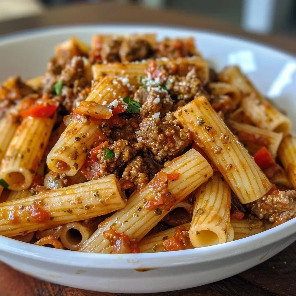Close-up view of Ground Beef Pesto Pasta with vegetables and cheese.