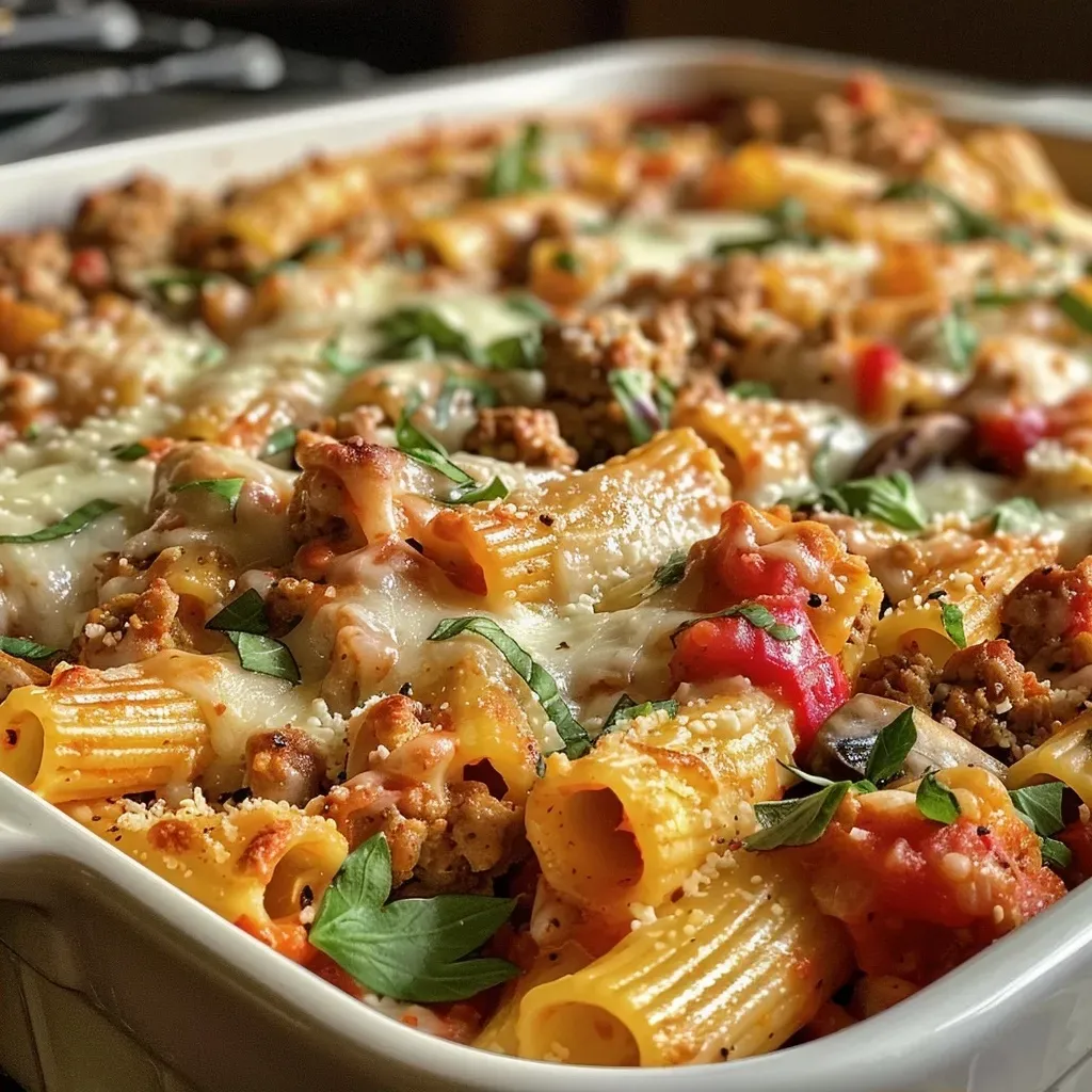 A close-up side view of a Ground Turkey Pasta Bake, showcasing layers of pasta, turkey, and melted cheese.