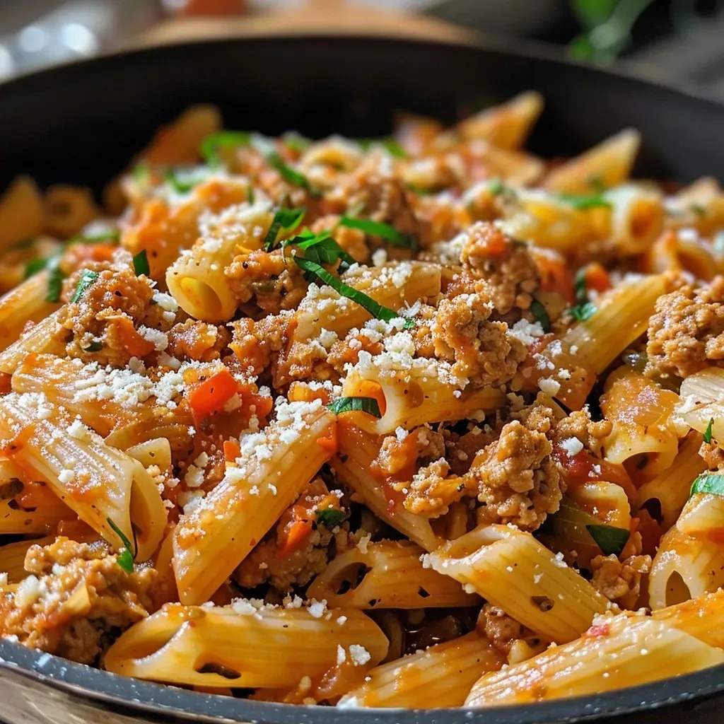 Close-up of a plate of ground turkey pasta topped with grated Parmesan cheese.