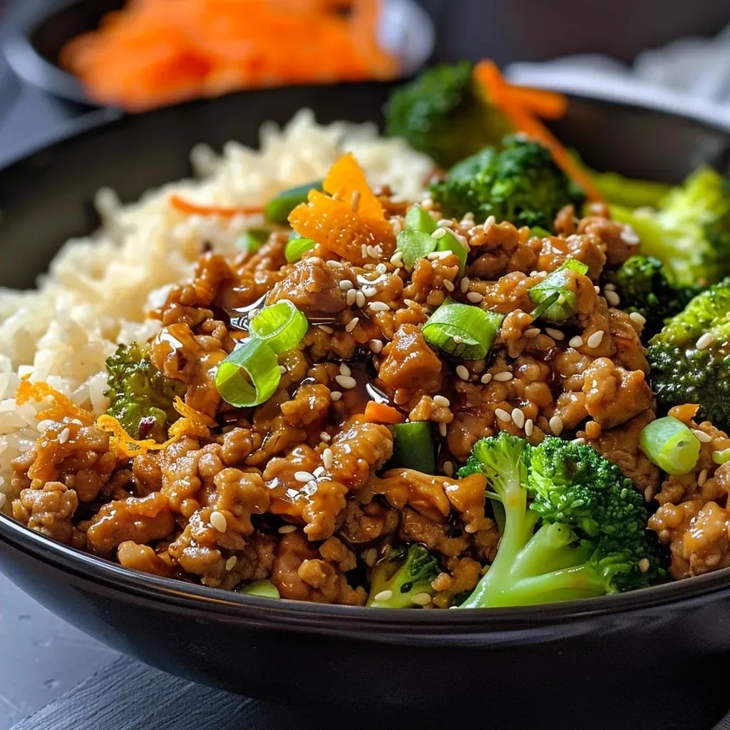 A close-up side view of ground turkey teriyaki stir fry, showcasing colorful vegetables and glistening sauce.
