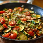 ['A close-up view of a colorful Ground Turkey Zucchini Skillet, showcasing sliced zucchini, ground turkey, and grape tomatoes.', 'Juicy Ground Turkey Zucchini Skillet presented in a skillet, featuring mixed vegetables and a sprinkle of Parmesan cheese.', 'Side view of a vibrant Ground Turkey Zucchini Skillet with fresh ingredients like zucchini, tomatoes, and ground turkey.', 'Detailed image of Ground Turkey Zucchini Skillet showing layers of zucchini, turkey, and pesto sauce.']