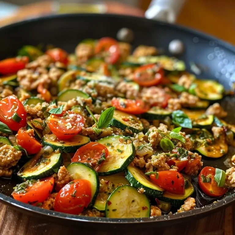 ['A close-up view of a colorful Ground Turkey Zucchini Skillet, showcasing sliced zucchini, ground turkey, and grape tomatoes.', 'Juicy Ground Turkey Zucchini Skillet presented in a skillet, featuring mixed vegetables and a sprinkle of Parmesan cheese.', 'Side view of a vibrant Ground Turkey Zucchini Skillet with fresh ingredients like zucchini, tomatoes, and ground turkey.', 'Detailed image of Ground Turkey Zucchini Skillet showing layers of zucchini, turkey, and pesto sauce.']