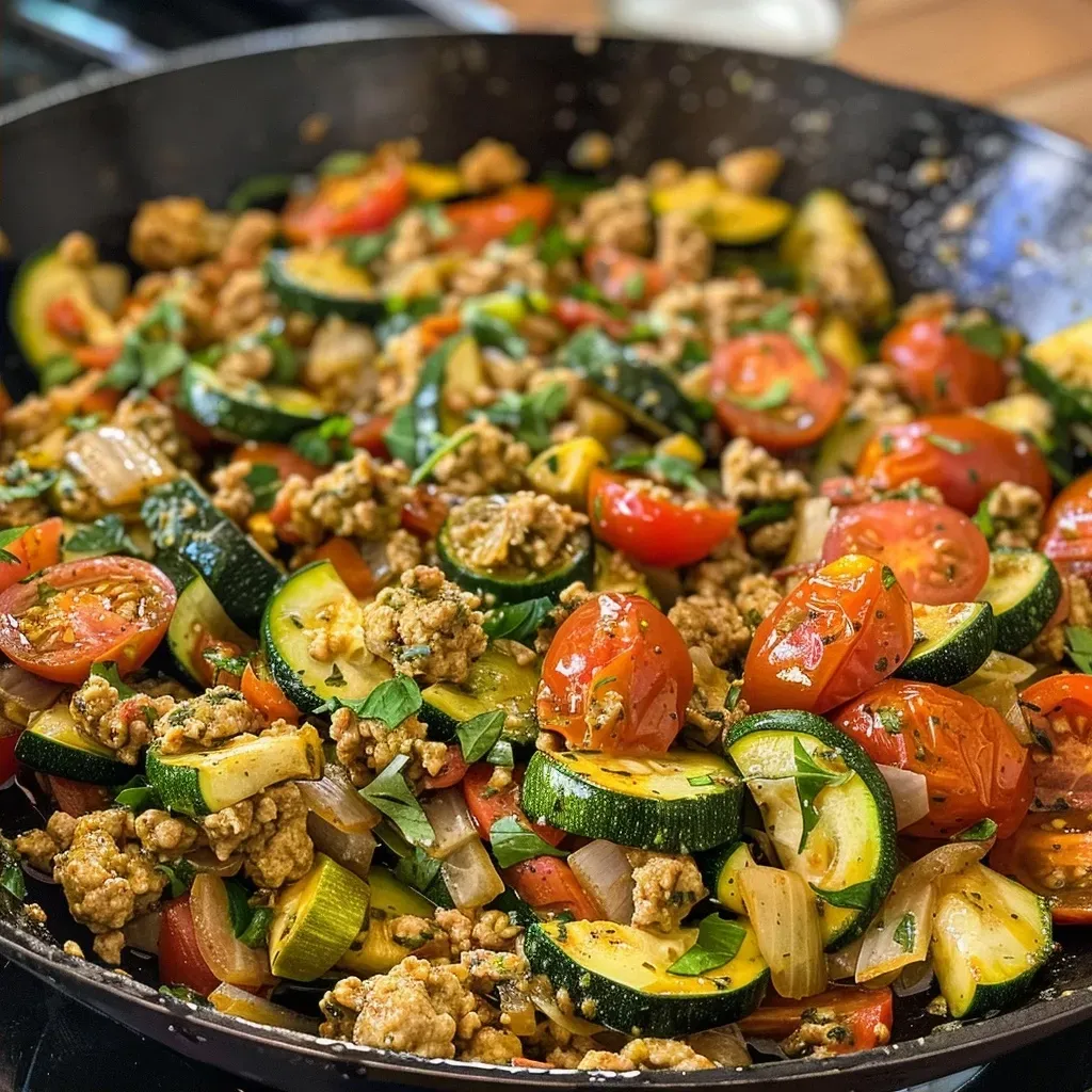 A close-up view of a colorful Ground Turkey Zucchini Skillet, showcasing sliced zucchini, ground turkey, and grape tomatoes.