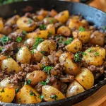 ['A close-up view of a Hearty Ground Beef and Potatoes Skillet filled with diced potatoes and ground beef.', 'A colorful skillet showcasing ground beef mixed with golden russet potatoes and garnished with parsley.', 'A mouthwatering dish featuring ground beef, diced potatoes, and onions, topped with melted cheese in a skillet.', 'An appetizing close-up of a savory ground beef and potatoes skillet, highlighting its rich textures and ingredients.']