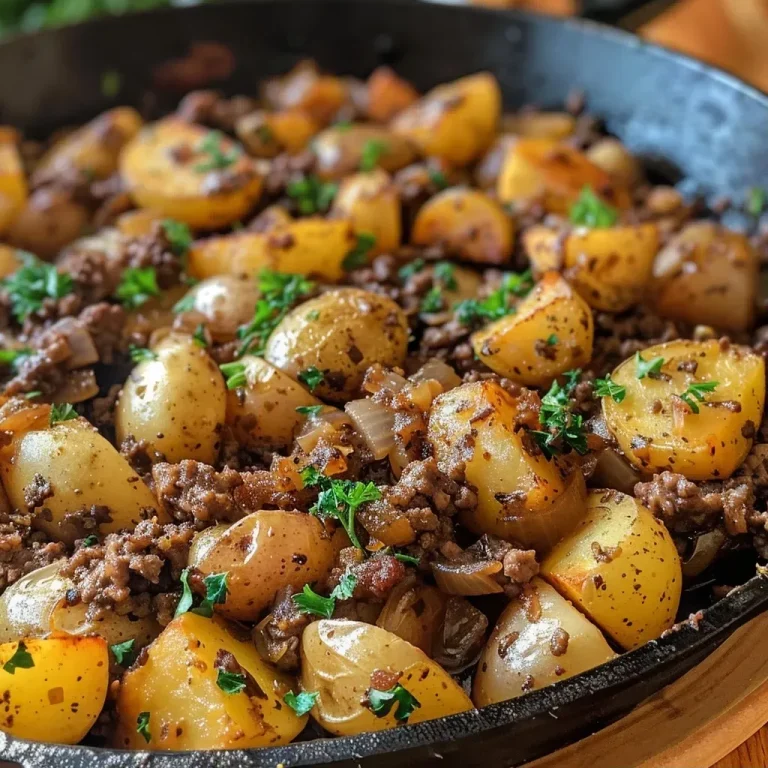 ['A close-up view of a Hearty Ground Beef and Potatoes Skillet filled with diced potatoes and ground beef.', 'A colorful skillet showcasing ground beef mixed with golden russet potatoes and garnished with parsley.', 'A mouthwatering dish featuring ground beef, diced potatoes, and onions, topped with melted cheese in a skillet.', 'An appetizing close-up of a savory ground beef and potatoes skillet, highlighting its rich textures and ingredients.']