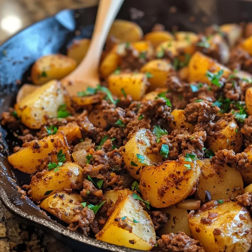 ['A close-up view of a Hearty Ground Beef and Potatoes Skillet filled with diced potatoes and ground beef.', 'A colorful skillet showcasing ground beef mixed with golden russet potatoes and garnished with parsley.', 'A mouthwatering dish featuring ground beef, diced potatoes, and onions, topped with melted cheese in a skillet.', 'An appetizing close-up of a savory ground beef and potatoes skillet, highlighting its rich textures and ingredients.']