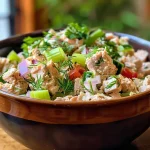 ['Close-up of a herbed tuna salad in a white bowl, showcasing fresh ingredients.', 'Side view of a vibrant herbed tuna salad with colorful vegetables and herbs.', 'Juicy herbed tuna salad displayed in a bowl, garnished with fresh herbs.', 'Detailed view of a herbed tuna salad with chunky albacore tuna and chopped vegetables.']