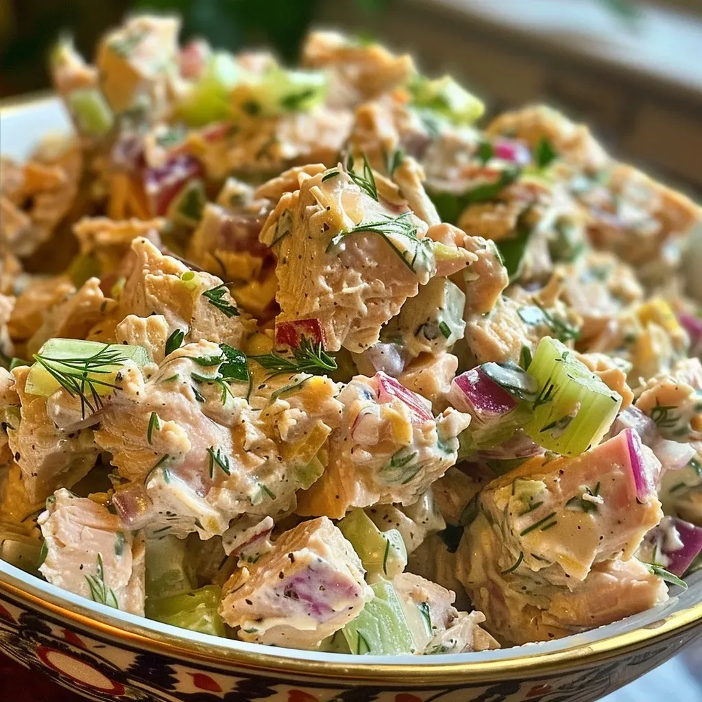 Close-up of a herbed tuna salad in a white bowl, showcasing fresh ingredients.
