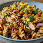 ['Close-up of a colorful pasta salad with BBQ chicken, corn, and black beans.', 'Side view of a high-protein BBQ chicken pasta salad filled with fresh vegetables and creamy dressing.', 'Juicy BBQ chicken pasta salad featuring rotini pasta, beans, and vibrant ingredients.', 'A delicious serving of pasta salad with shredded chicken, corn, and dressing in a bowl.']