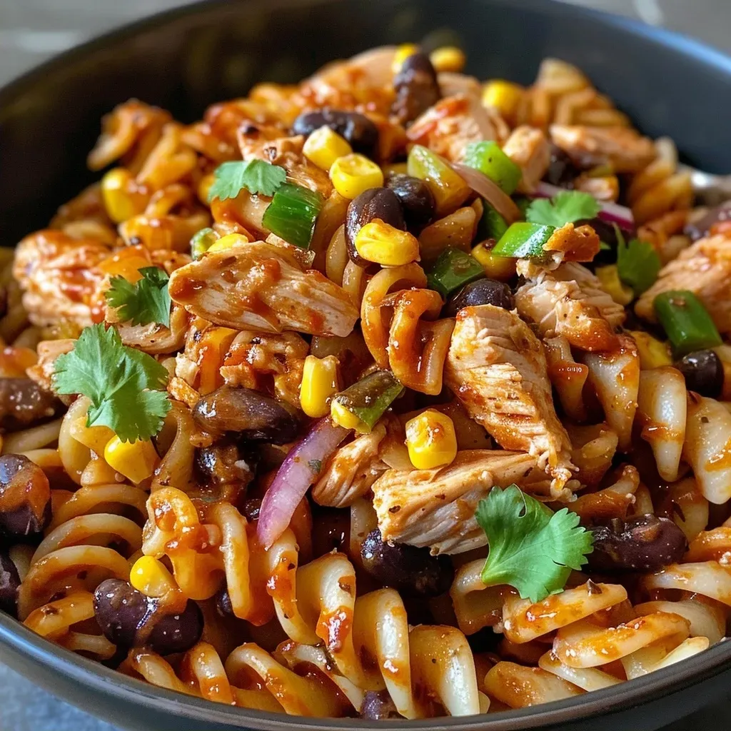 Close-up of a colorful pasta salad with BBQ chicken, corn, and black beans.