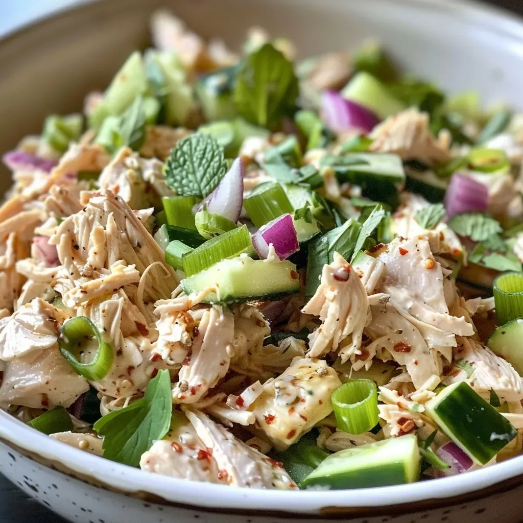 ['Close-up view of a colorful high-protein chicken salad with vibrant ingredients.', 'Juicy shredded chicken salad featuring fresh vegetables and herbs on a plate.', 'Side view of a high-protein chicken salad with greens and creamy dressing highlighted.', 'Detailed image of a delicious chicken salad with chunks of chicken, vegetables, and dressing.']