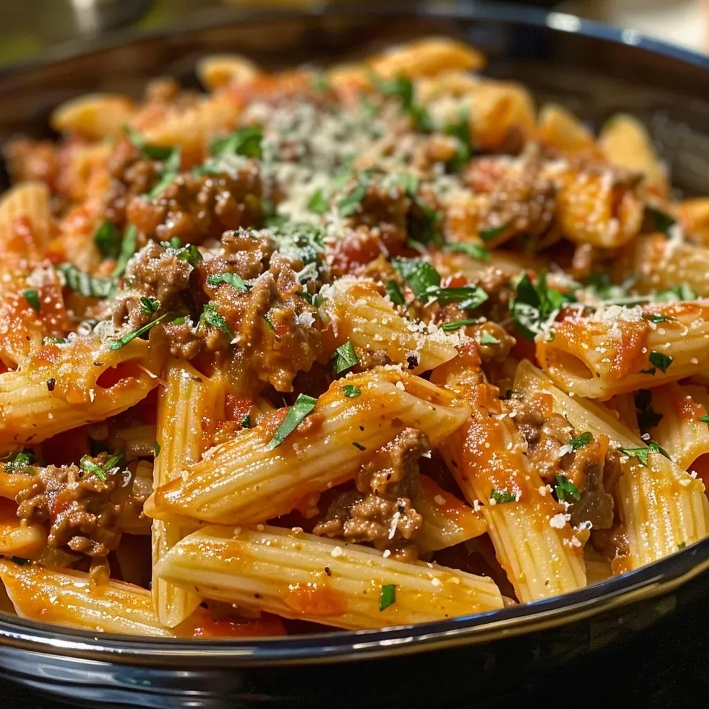 A close-up side view of creamy beef pasta featuring ground beef and whole wheat noodles.