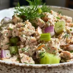 ['Close-up view of a creamy tuna salad mixed with Greek yogurt and colorful vegetables.', 'Side view of a fresh tuna salad made with Greek yogurt, showcasing its vibrant ingredients.', 'Detailed image of a high-protein tuna salad featuring Greek yogurt, celery, and herbs.', 'Inviting bowl of Greek yogurt tuna salad with finely diced vegetables and spices.']
