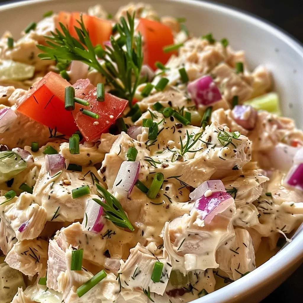 Close-up view of a creamy tuna salad mixed with Greek yogurt and colorful vegetables.