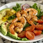 ['Close-up view of a colorful shrimp salad with greens and vegetables.', 'Fresh shrimp salad featuring mixed greens, avocado, and cherry tomatoes.', 'A vibrant dish of high-protein shrimp salad with various toppings.', 'Side view of a shrimp salad laden with vegetables and dressing.']