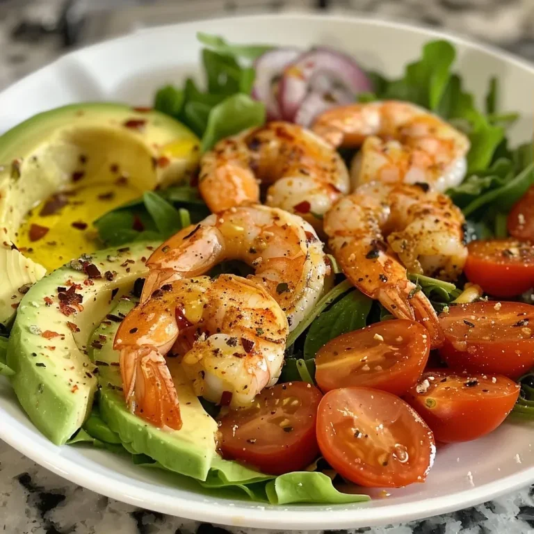 ['Close-up view of a colorful shrimp salad with greens and vegetables.', 'Fresh shrimp salad featuring mixed greens, avocado, and cherry tomatoes.', 'A vibrant dish of high-protein shrimp salad with various toppings.', 'Side view of a shrimp salad laden with vegetables and dressing.']