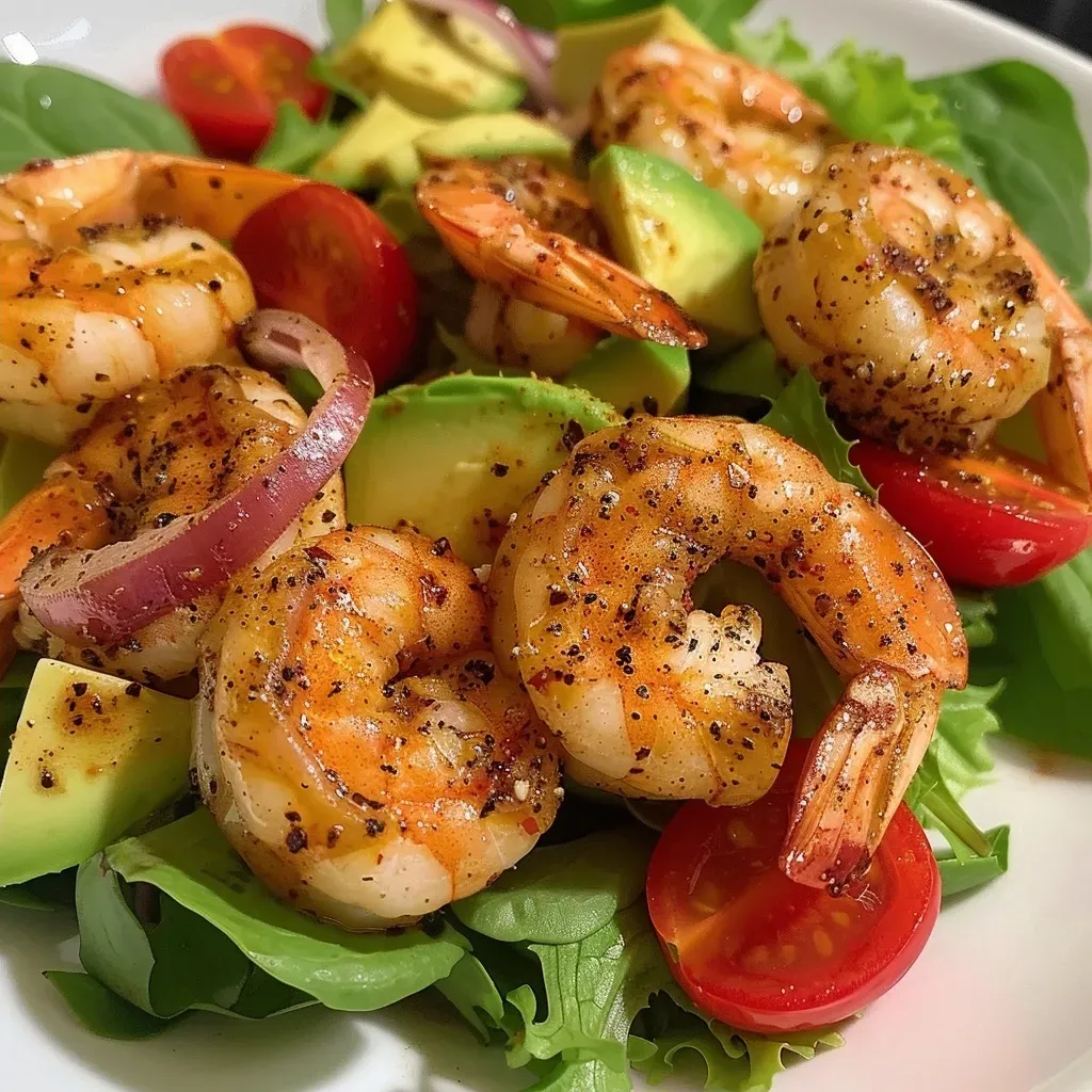 ['Close-up view of a colorful shrimp salad with greens and vegetables.', 'Fresh shrimp salad featuring mixed greens, avocado, and cherry tomatoes.', 'A vibrant dish of high-protein shrimp salad with various toppings.', 'Side view of a shrimp salad laden with vegetables and dressing.']
